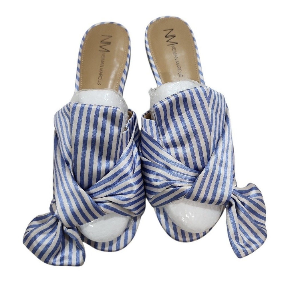 Neiman Marcus Nineya Blue Striped Bow Slide Sandals Womens 8 Nautical Resortwear - Picture 2 of 10